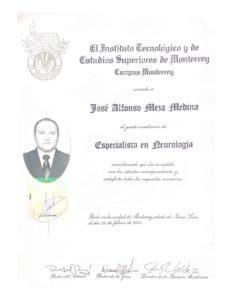 Certificado del Dr. José Alfonso Meza Medina